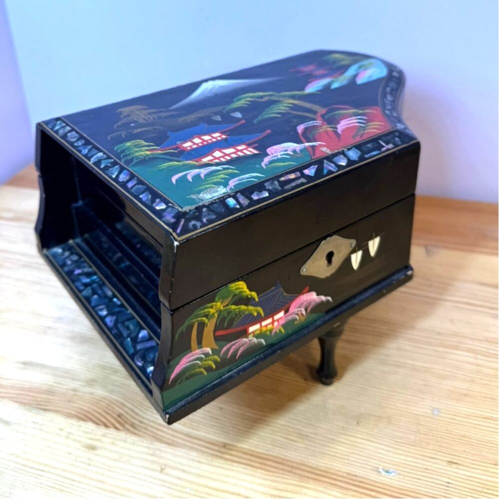 Vintage Japan Piano Musical Jewelry Box Mother of Pearl Inlay Works